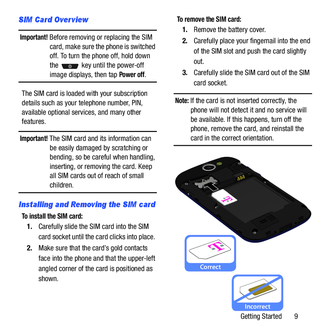 Samsung GH68-37463A user manual SIM Card Overview, Installing and Removing the SIM card, To install the SIM card 