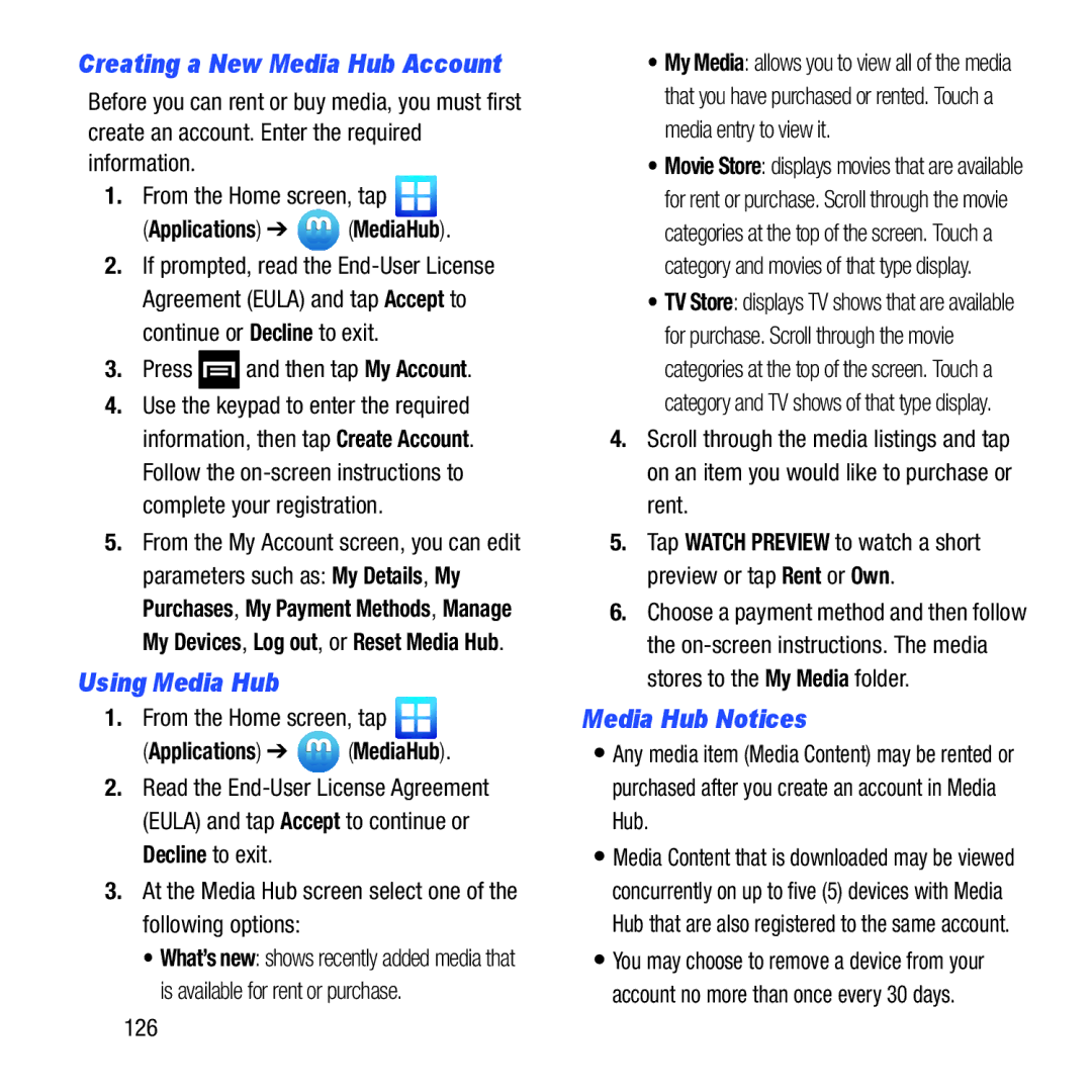 Samsung GH68-37463A user manual Using Media Hub, Media Hub Notices, Creating a New Media Hub Account, Applications MediaHub 