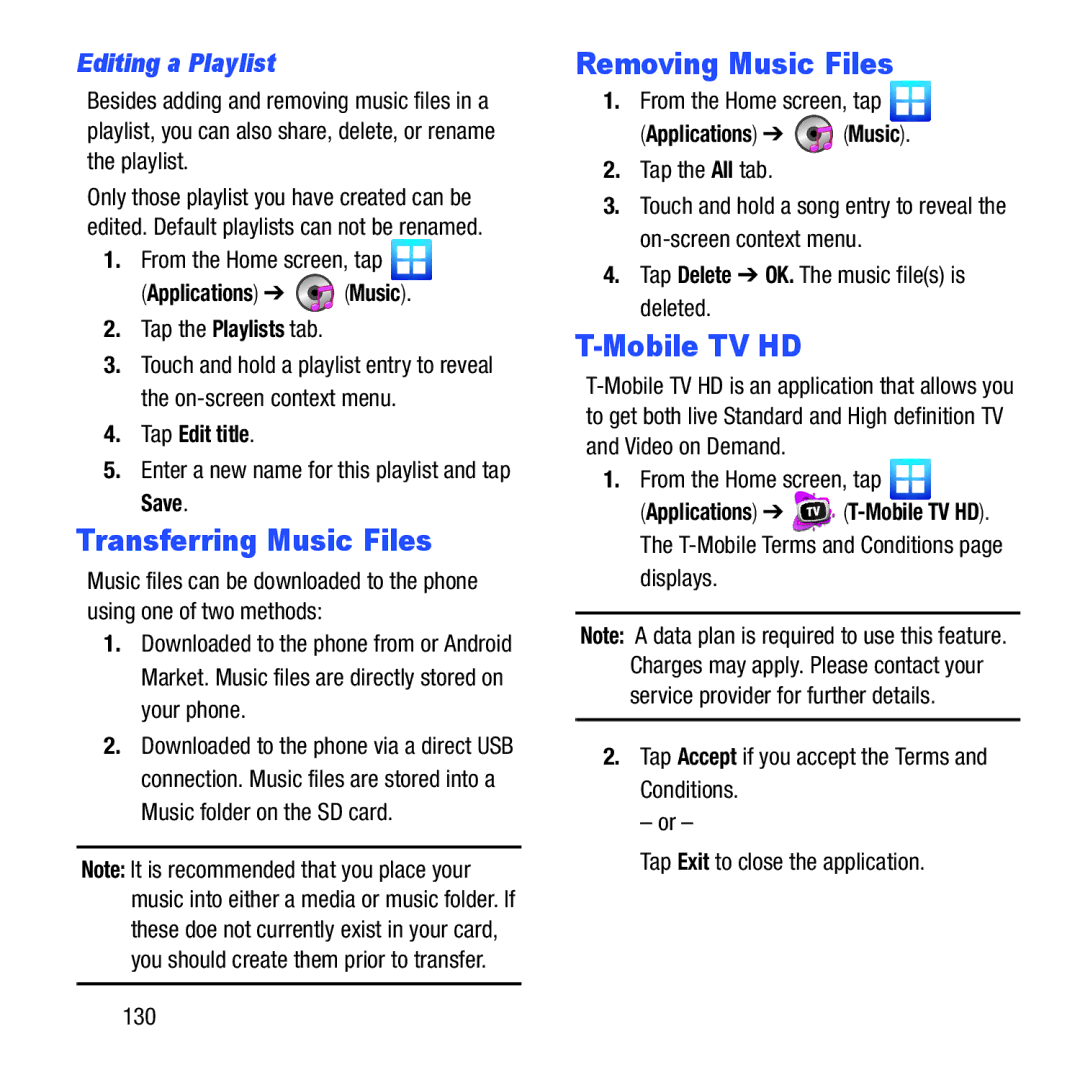 Samsung GH68-37463A user manual Transferring Music Files, Removing Music Files, Mobile TV HD, Editing a Playlist 