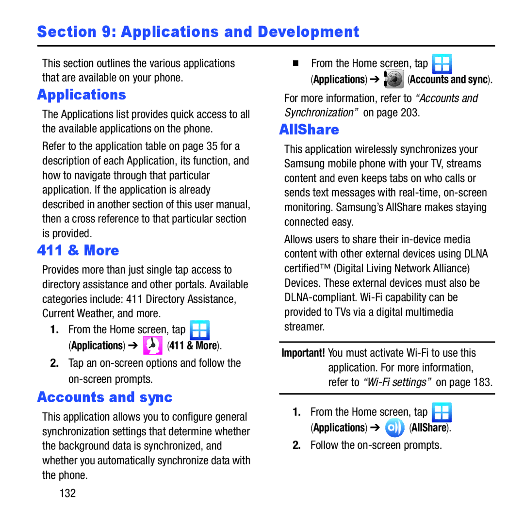 Samsung GH68-37463A user manual Applications and Development, 411 & More, Accounts and sync, AllShare 