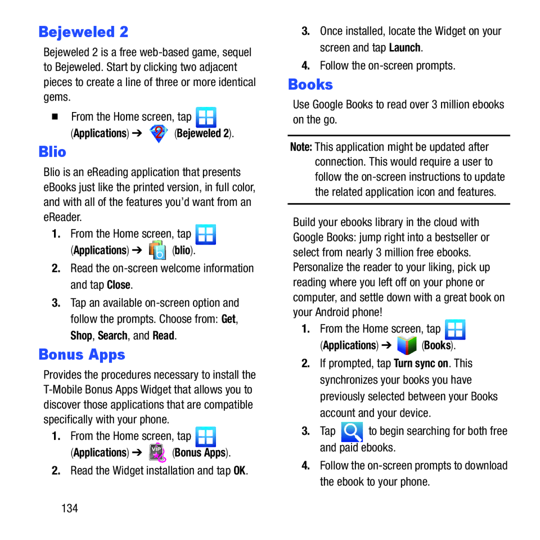 Samsung GH68-37463A user manual Bejeweled, Blio, Bonus Apps, Books 