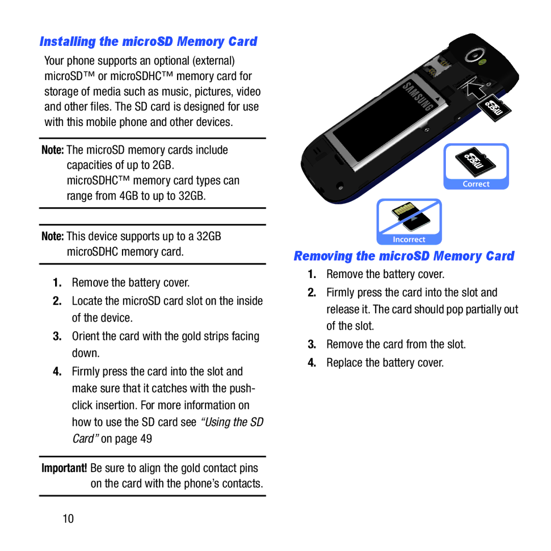 Samsung GH68-37463A user manual Installing the microSD Memory Card, Removing the microSD Memory Card 