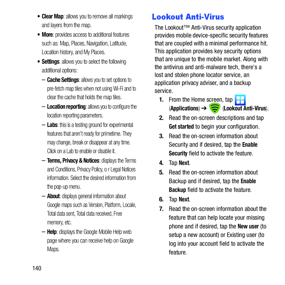 Samsung GH68-37463A user manual Lookout Anti-Virus, Tap Next, 140 