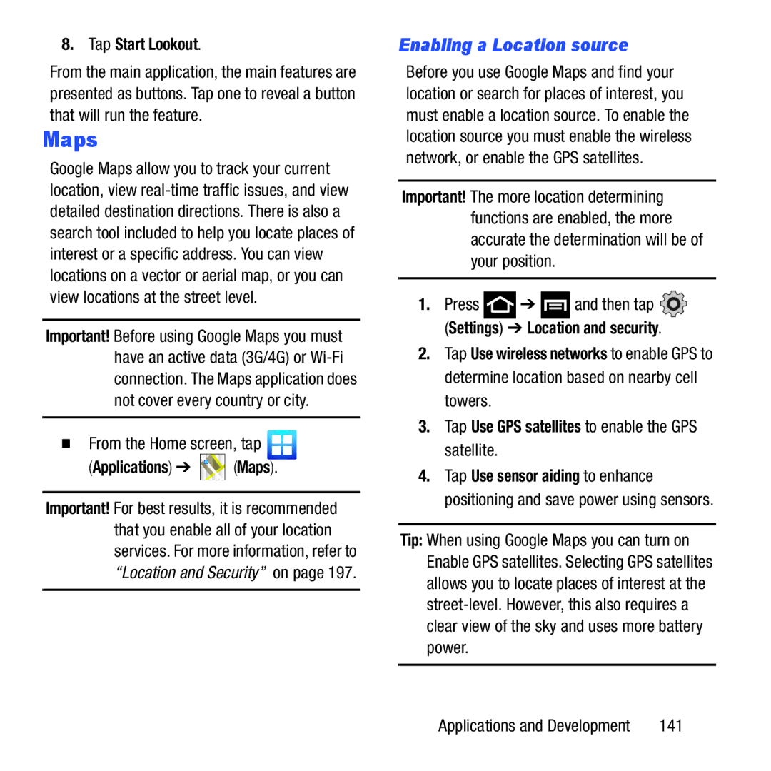 Samsung GH68-37463A user manual Enabling a Location source, Tap Start Lookout, Applications Maps, 141 