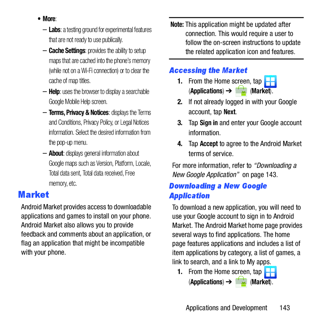 Samsung GH68-37463A user manual Accessing the Market, Downloading a New Google Application, Applications Market, 143 