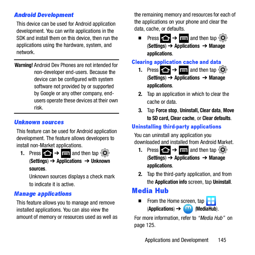 Samsung GH68-37463A Android Development, Unknown sources, Manage applications, Clearing application cache and data 