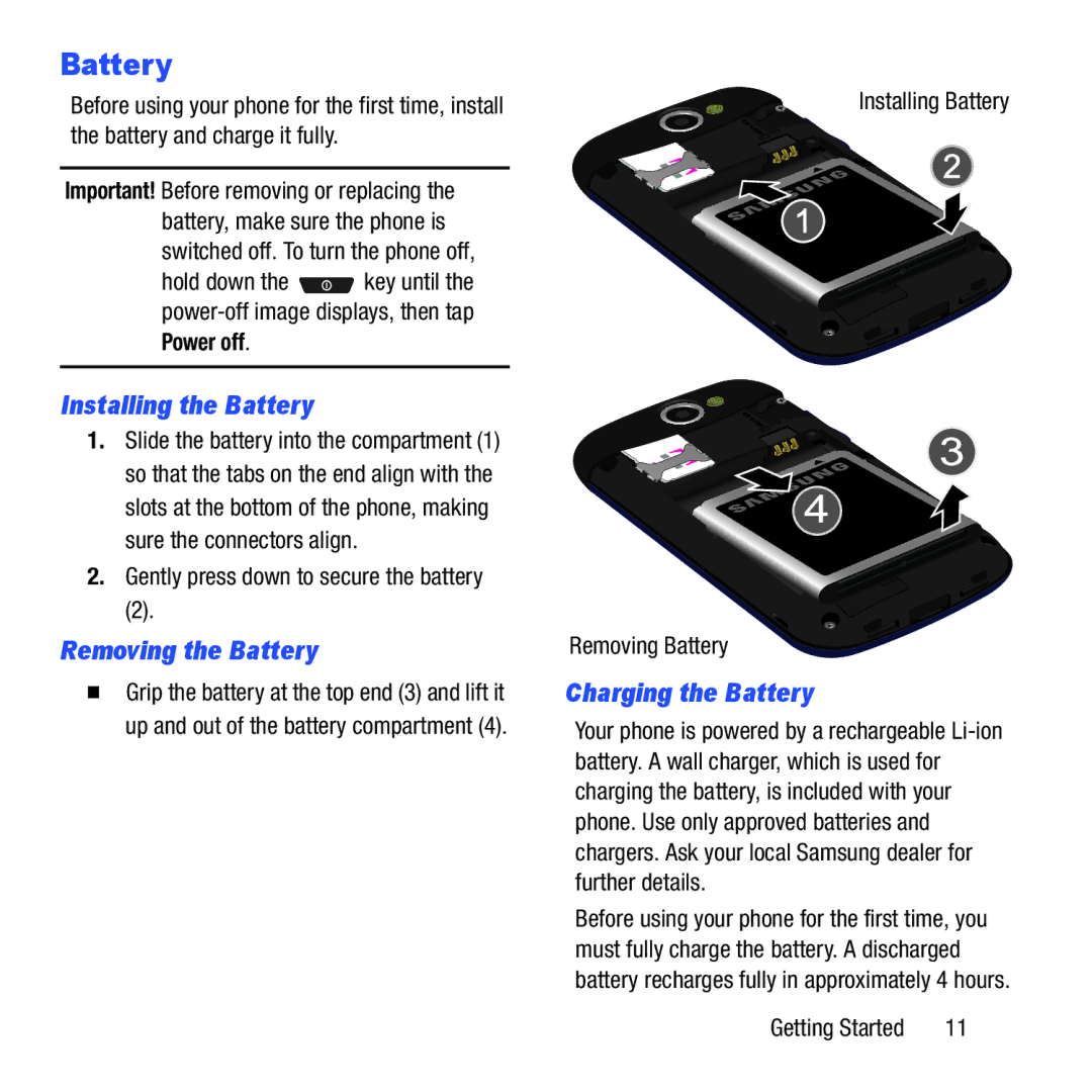 Samsung GH68-37463A user manual Installing the Battery, Removing the Battery, Charging the Battery 