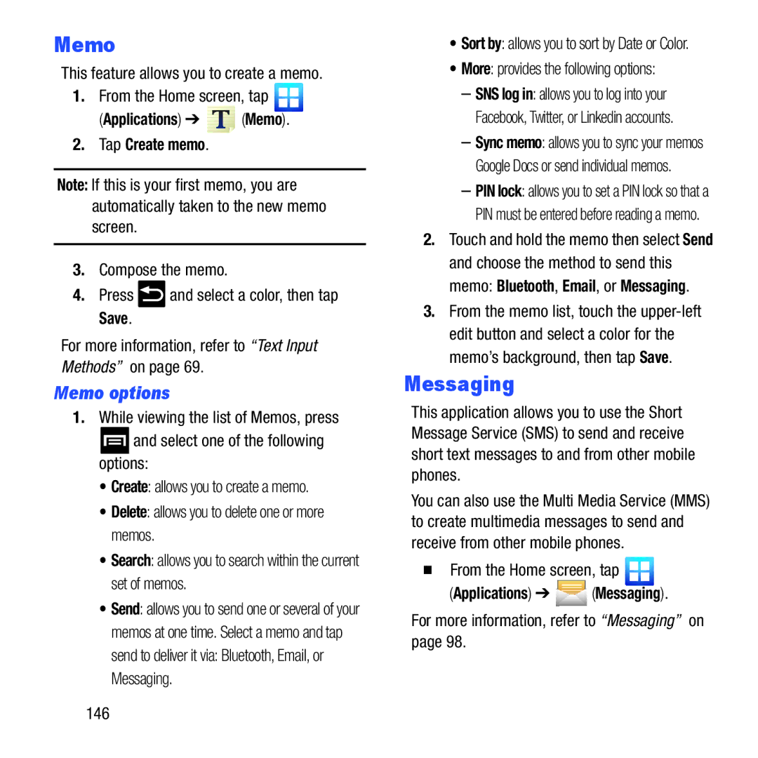 Samsung GH68-37463A user manual Memo options, Applications Memo Tap Create memo, Applications Messaging 