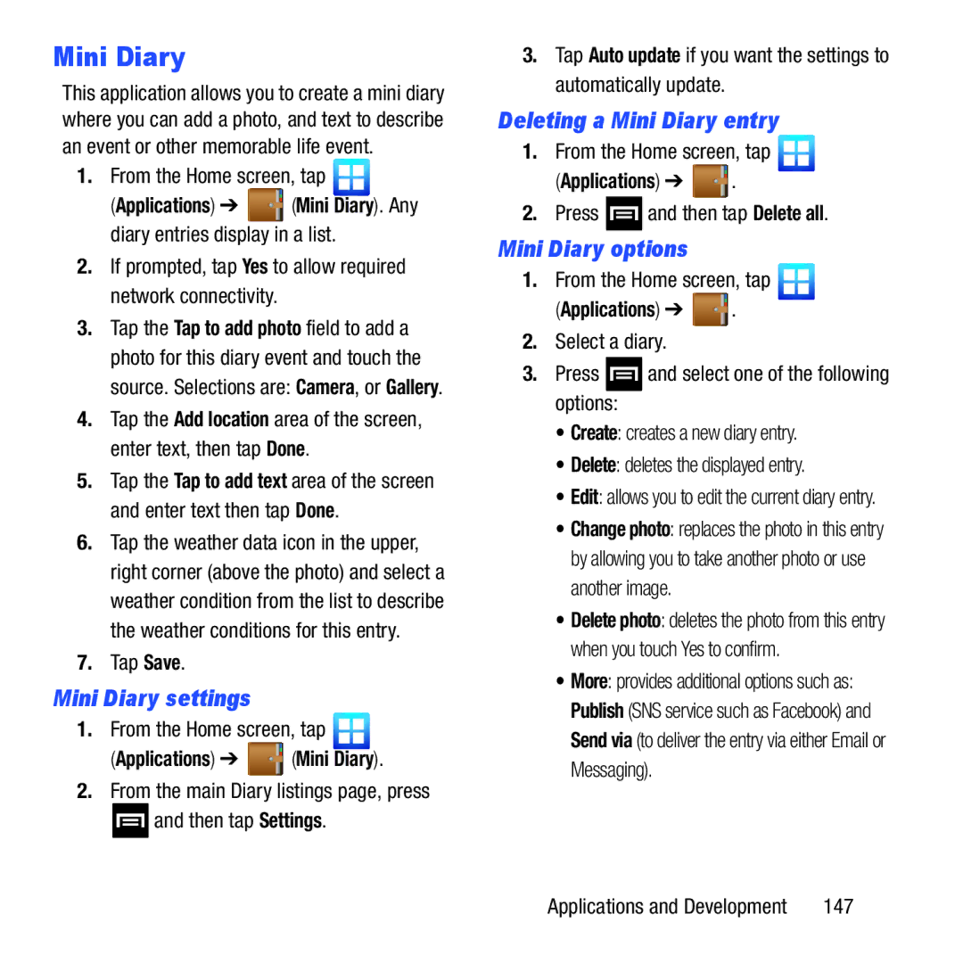 Samsung GH68-37463A Mini Diary settings, Deleting a Mini Diary entry, Mini Diary options, Applications Mini Diary 