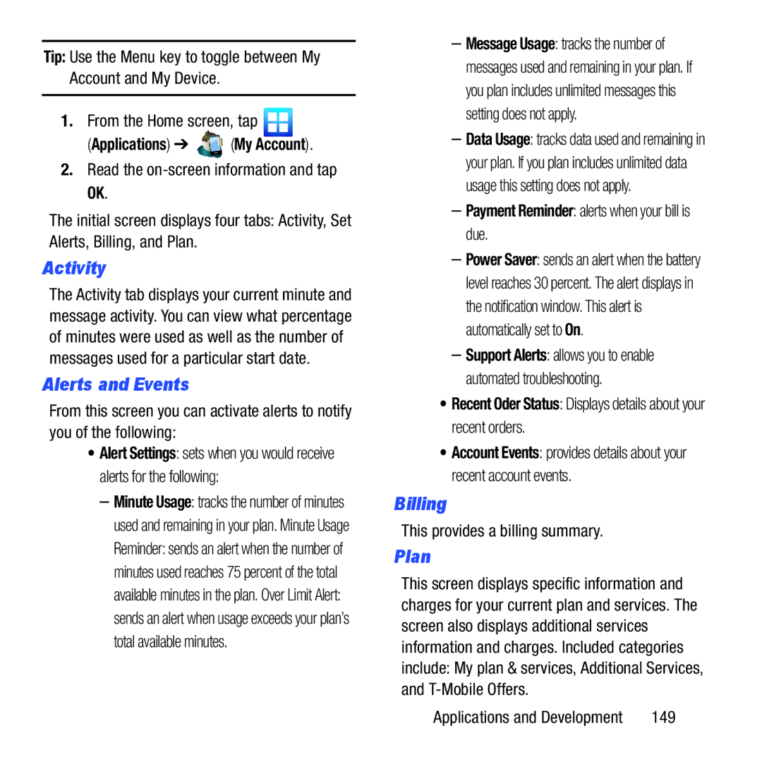 Samsung GH68-37463A user manual Activity, Alerts and Events, Billing, Plan, Payment Reminder alerts when your bill is due 