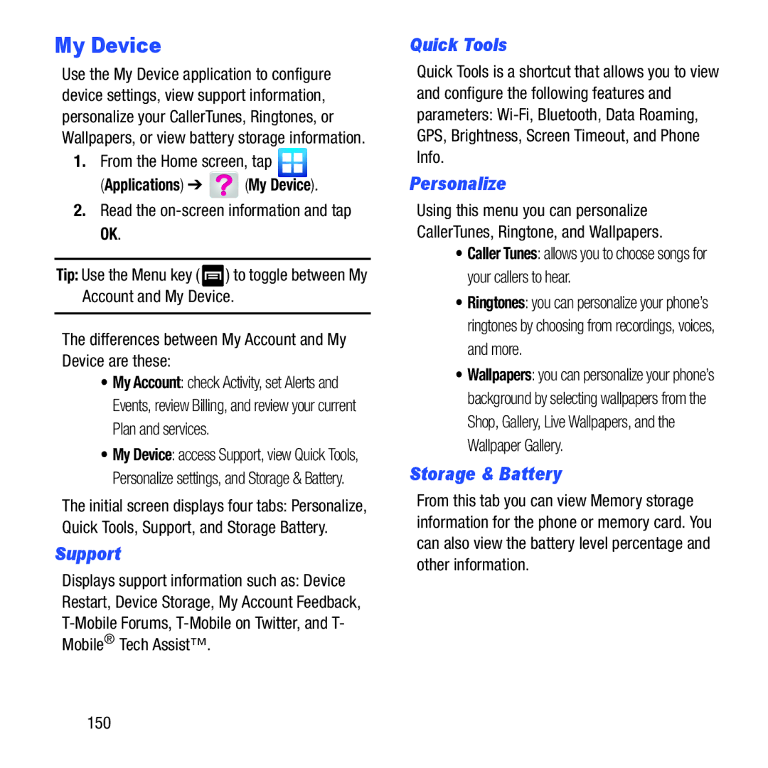 Samsung GH68-37463A user manual My Device, Support, Quick Tools, Personalize, Storage & Battery 