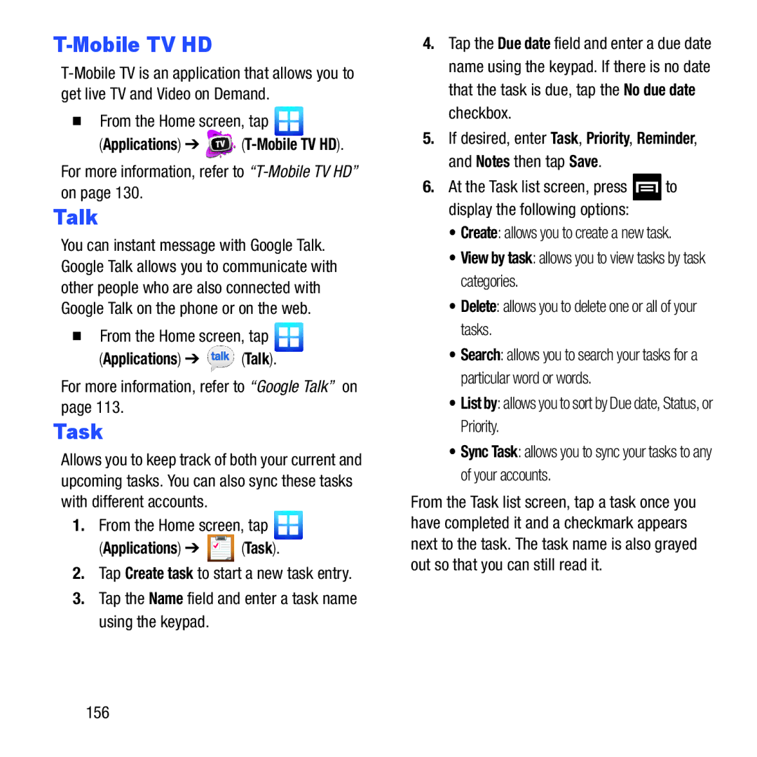 Samsung GH68-37463A user manual Applications Talk, Applications Task 