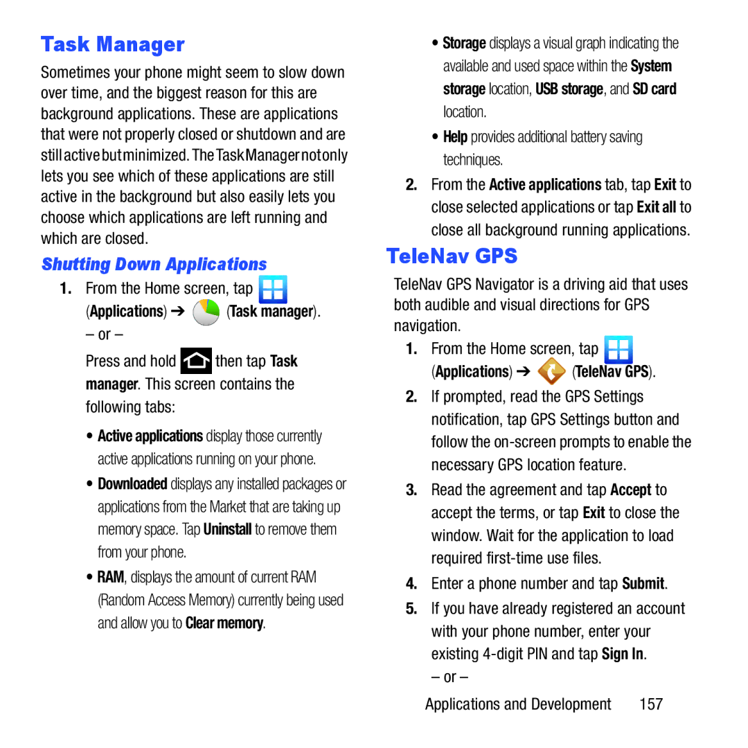 Samsung GH68-37463A Shutting Down Applications, Applications TeleNav GPS, Enter a phone number and tap Submit, 157 