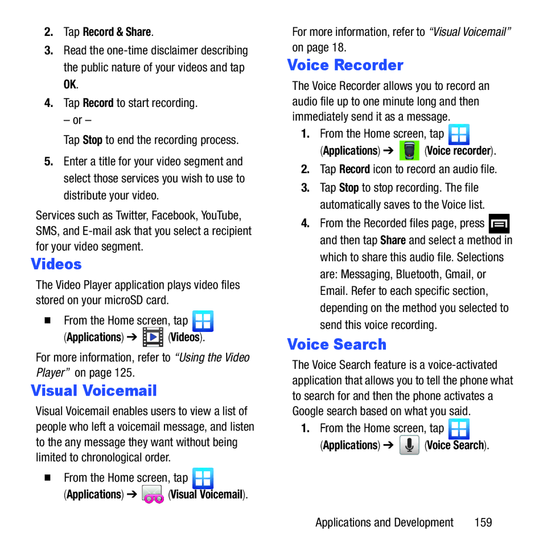 Samsung GH68-37463A user manual Videos, Voice Recorder, Voice Search 