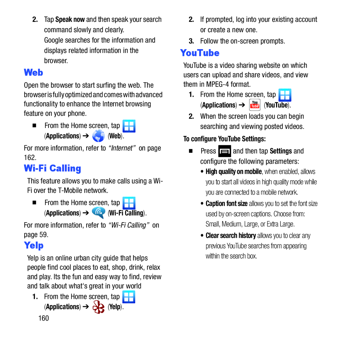 Samsung GH68-37463A user manual Applications Web, Applications Yelp, To configure YouTube Settings 