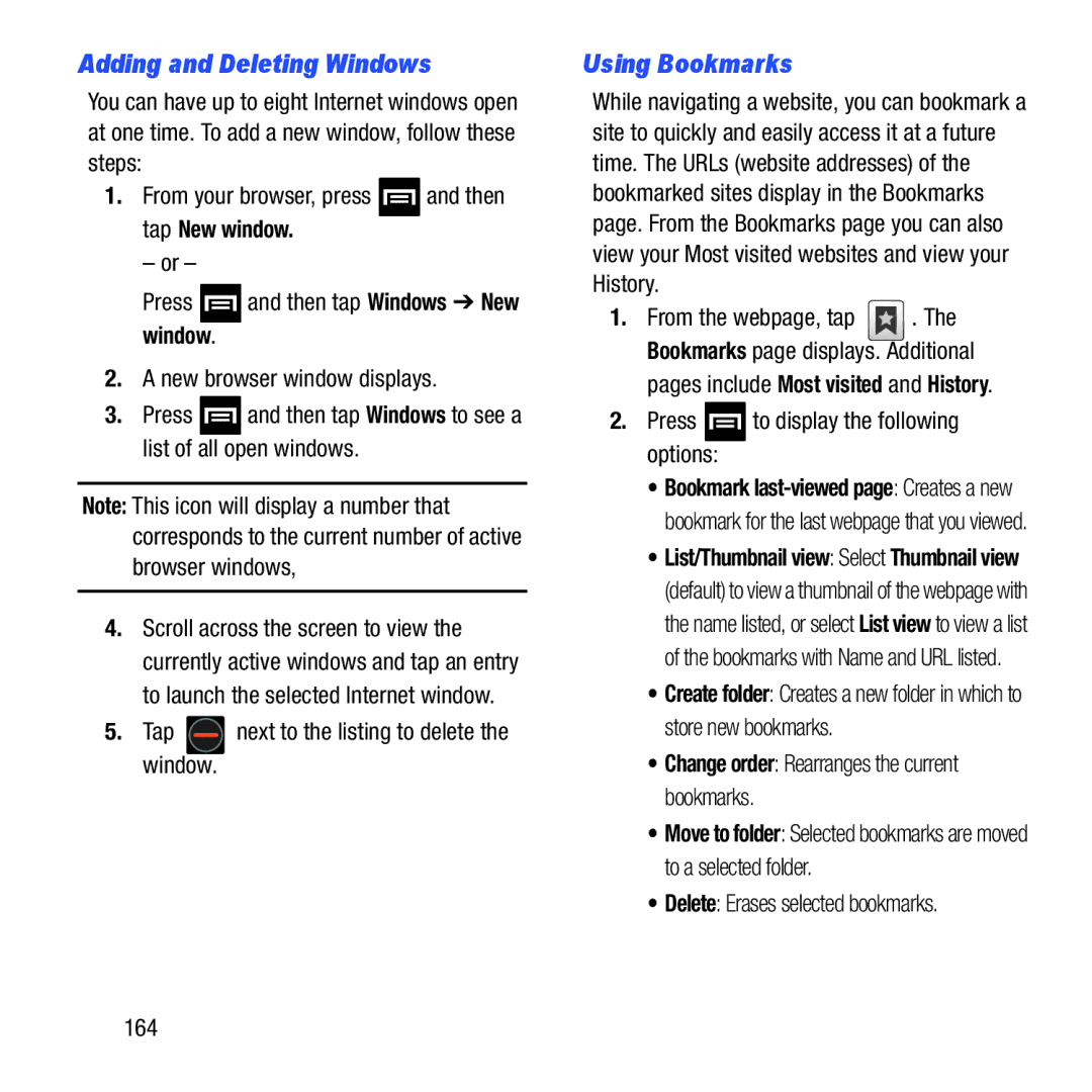 Samsung GH68-37463A user manual Adding and Deleting Windows, Using Bookmarks 