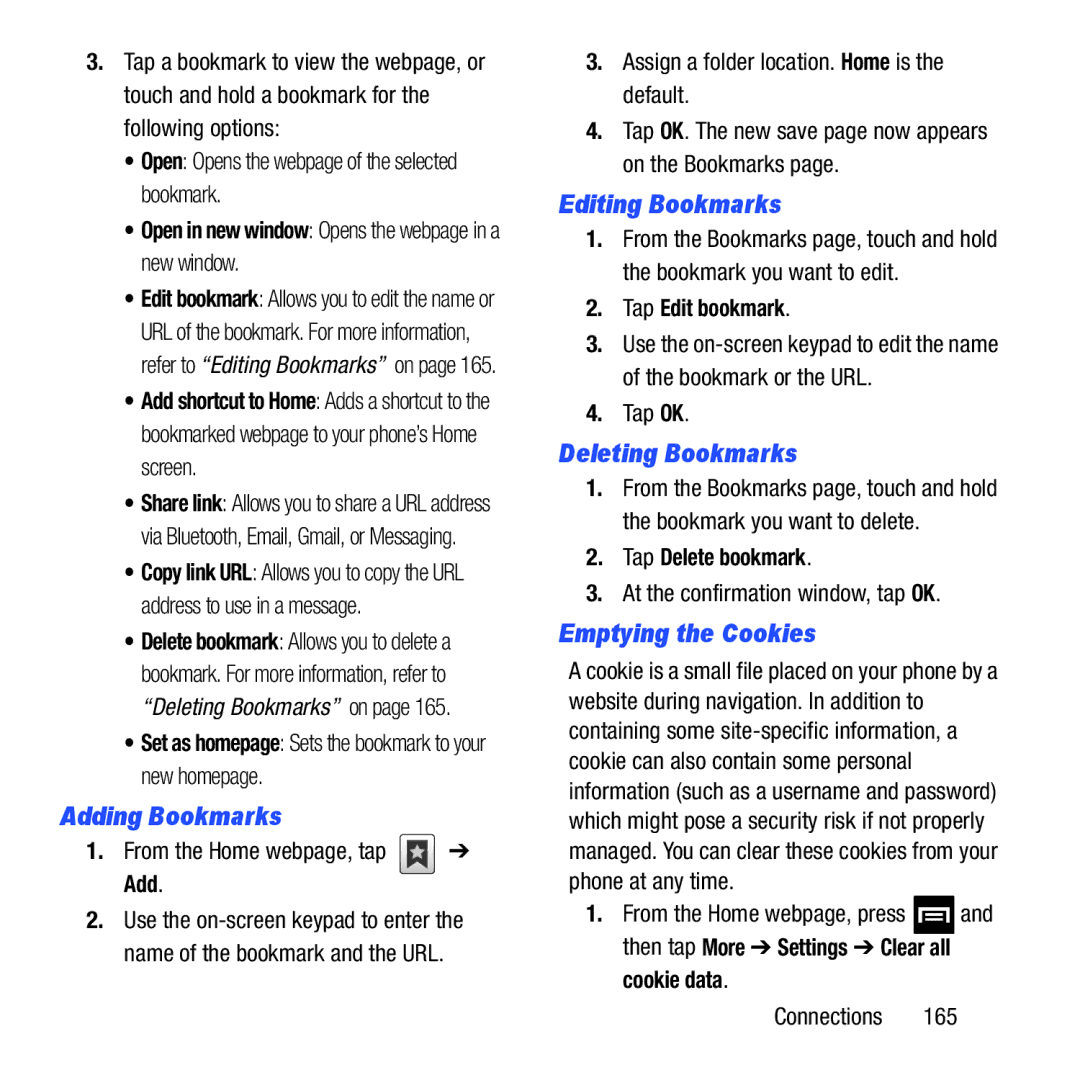 Samsung GH68-37463A user manual Adding Bookmarks, Editing Bookmarks, Deleting Bookmarks, Emptying the Cookies 