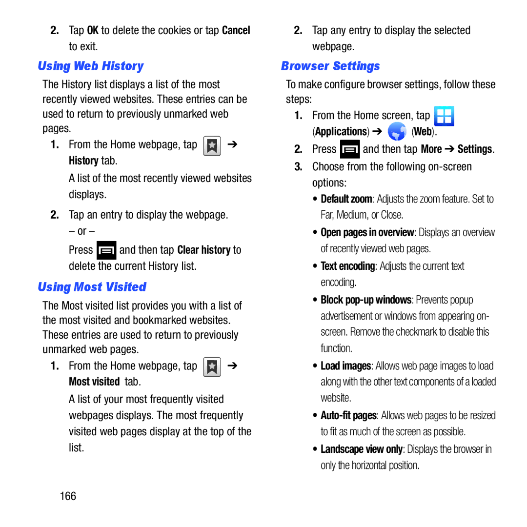 Samsung GH68-37463A user manual Using Web History, Using Most Visited, Browser Settings 