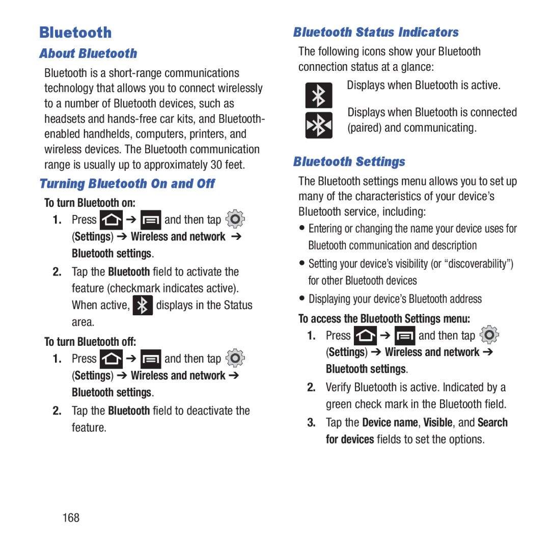 Samsung GH68-37463A About Bluetooth, Turning Bluetooth On and Off, Bluetooth Status Indicators, Bluetooth Settings 