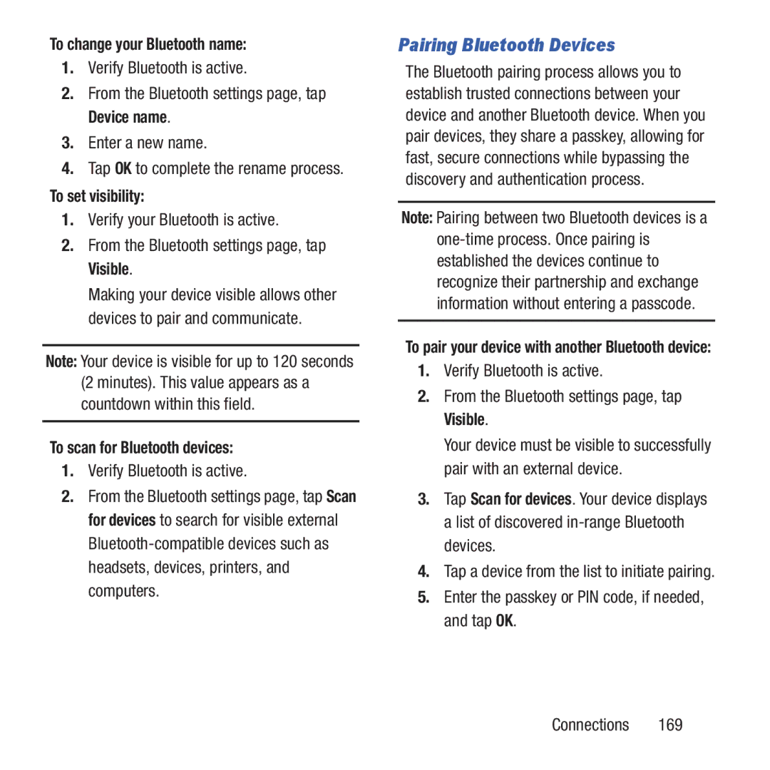 Samsung GH68-37463A user manual Pairing Bluetooth Devices, To change your Bluetooth name, To set visibility 