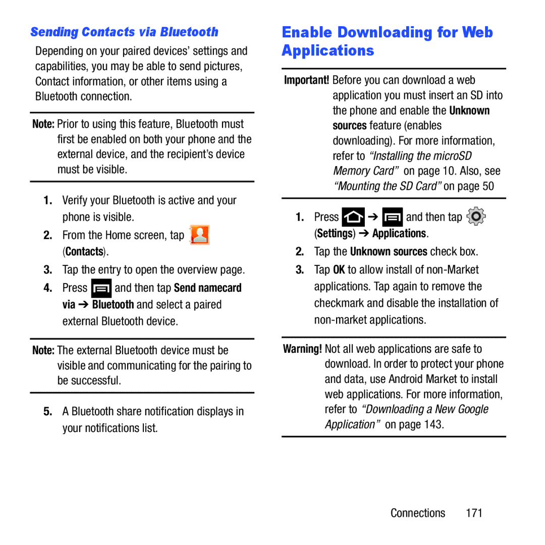 Samsung GH68-37463A user manual Enable Downloading for Web Applications, Sending Contacts via Bluetooth 