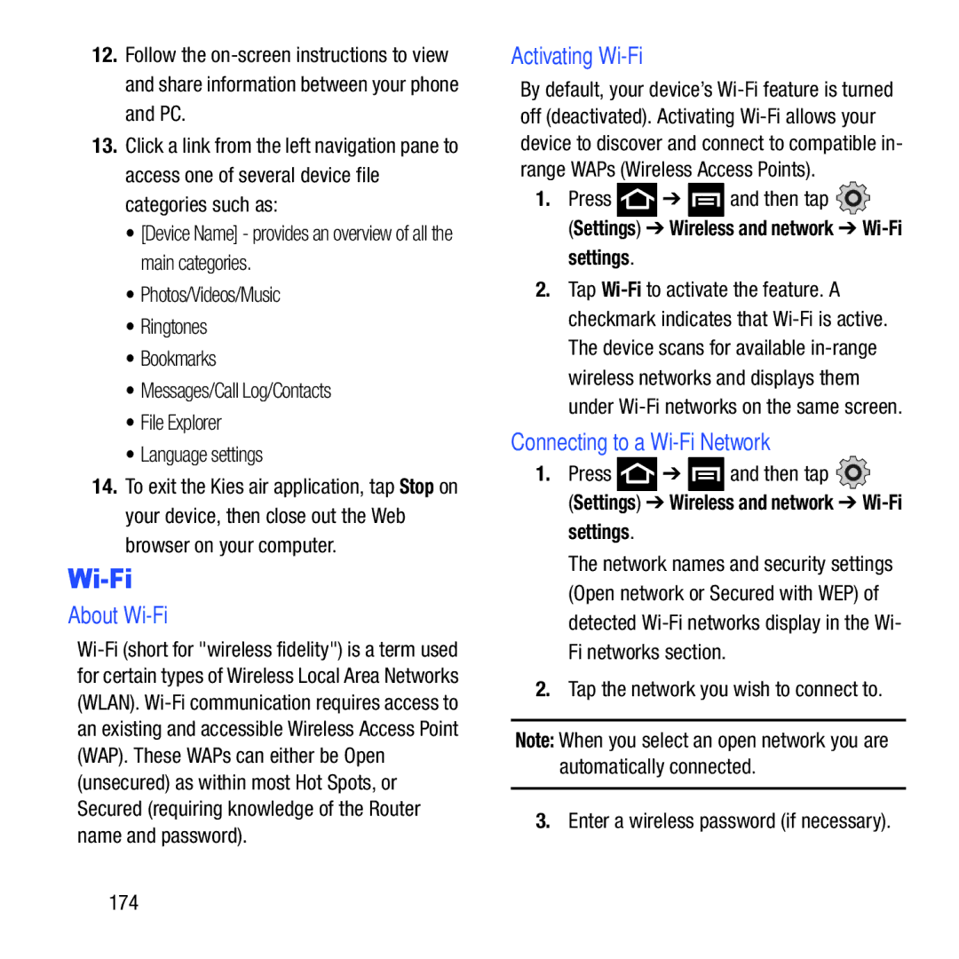 Samsung GH68-37463A user manual About Wi-Fi, Connecting to a Wi-Fi Network, 174 