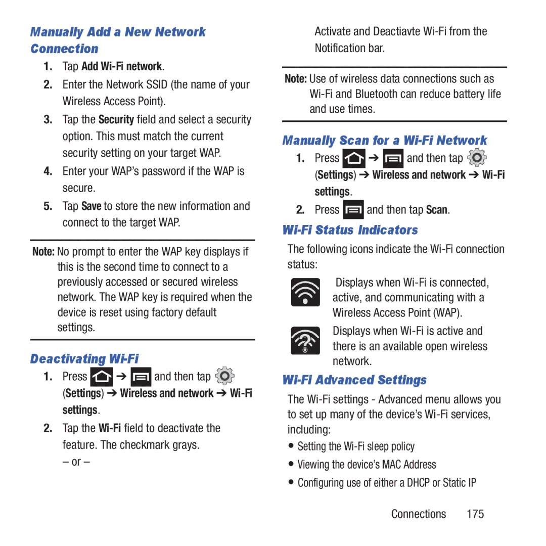 Samsung GH68-37463A Manually Add a New Network Connection, Deactivating Wi-Fi, Manually Scan for a Wi-Fi Network 