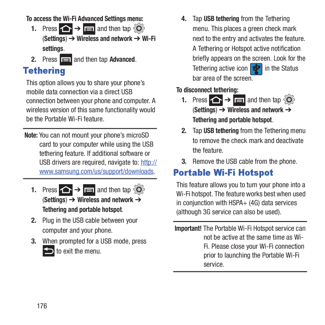 Samsung GH68-37463A user manual Portable Wi-Fi Hotspot, Tethering and portable hotspot, To disconnect tethering 