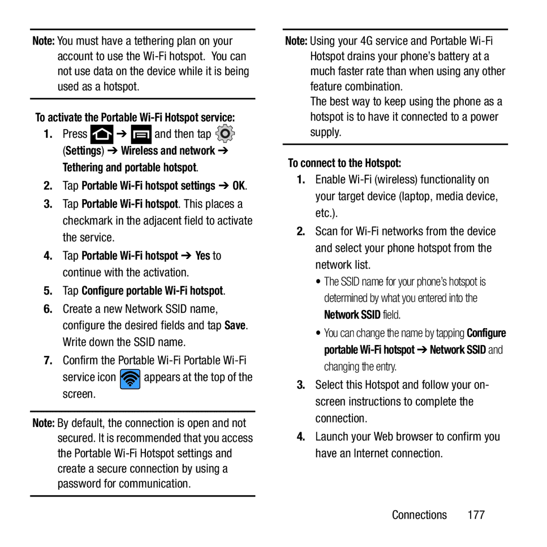 Samsung GH68-37463A user manual To connect to the Hotspot, Tap Configure portable Wi-Fi hotspot 