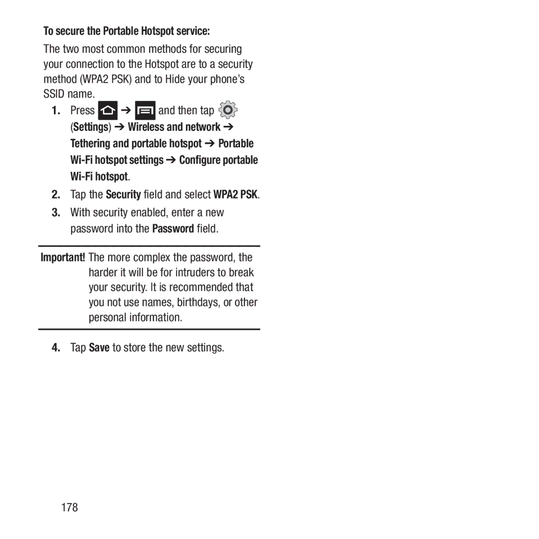 Samsung GH68-37463A To secure the Portable Hotspot service, Wi-Fi hotspot, Tap the Security field and select WPA2 PSK 