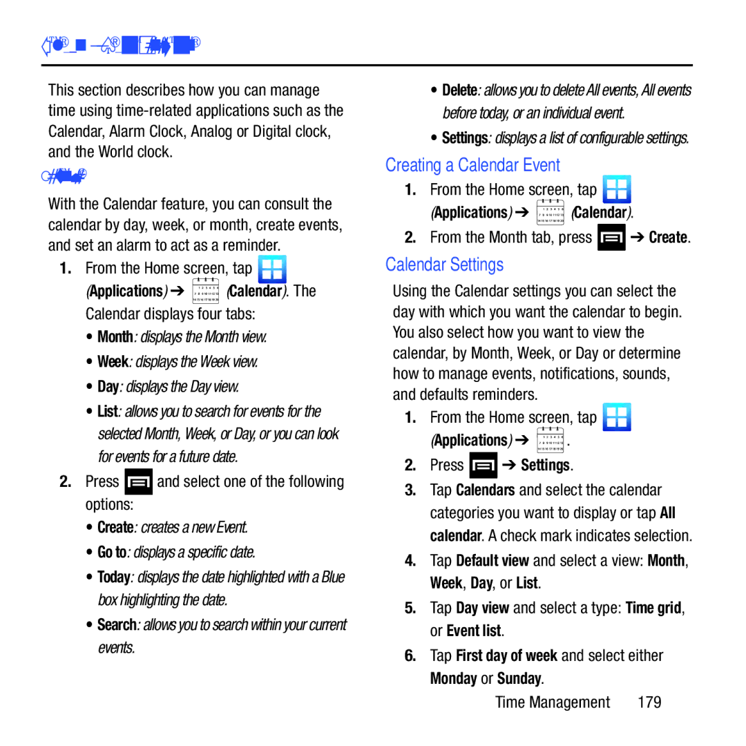 Samsung GH68-37463A user manual Time Management, Creating a Calendar Event, Calendar Settings, Applications Calendar 