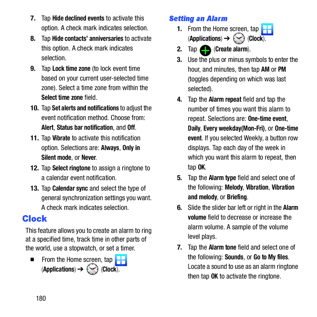 Samsung GH68-37463A user manual Setting an Alarm, Applications Clock Tap Create alarm, 180 