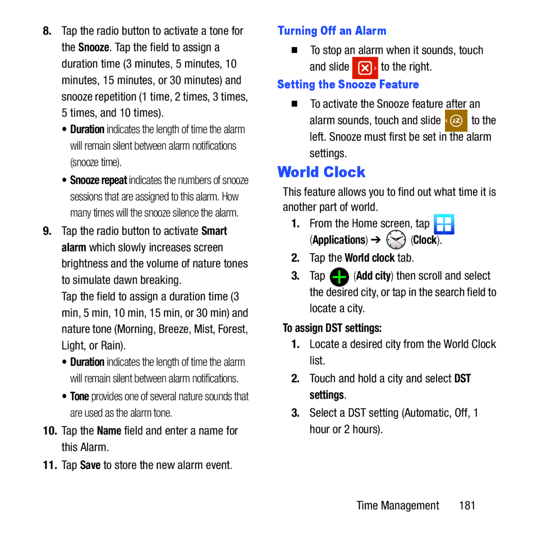 Samsung GH68-37463A user manual World Clock, Turning Off an Alarm, Setting the Snooze Feature, To assign DST settings 