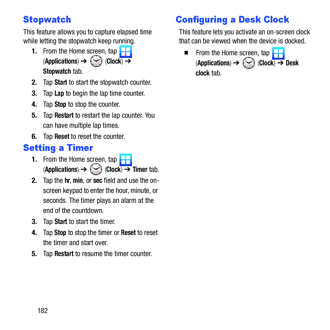 Samsung GH68-37463A user manual Stopwatch, Setting a Timer, Configuring a Desk Clock, Applications Clock Desk clock tab 