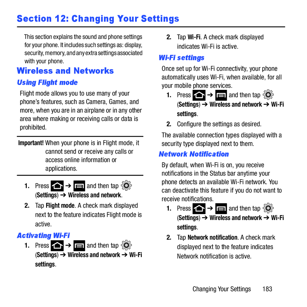 Samsung GH68-37463A Changing Your Settings, Wireless and Networks, Using Flight mode, Wi-Fi settings, Network Notification 