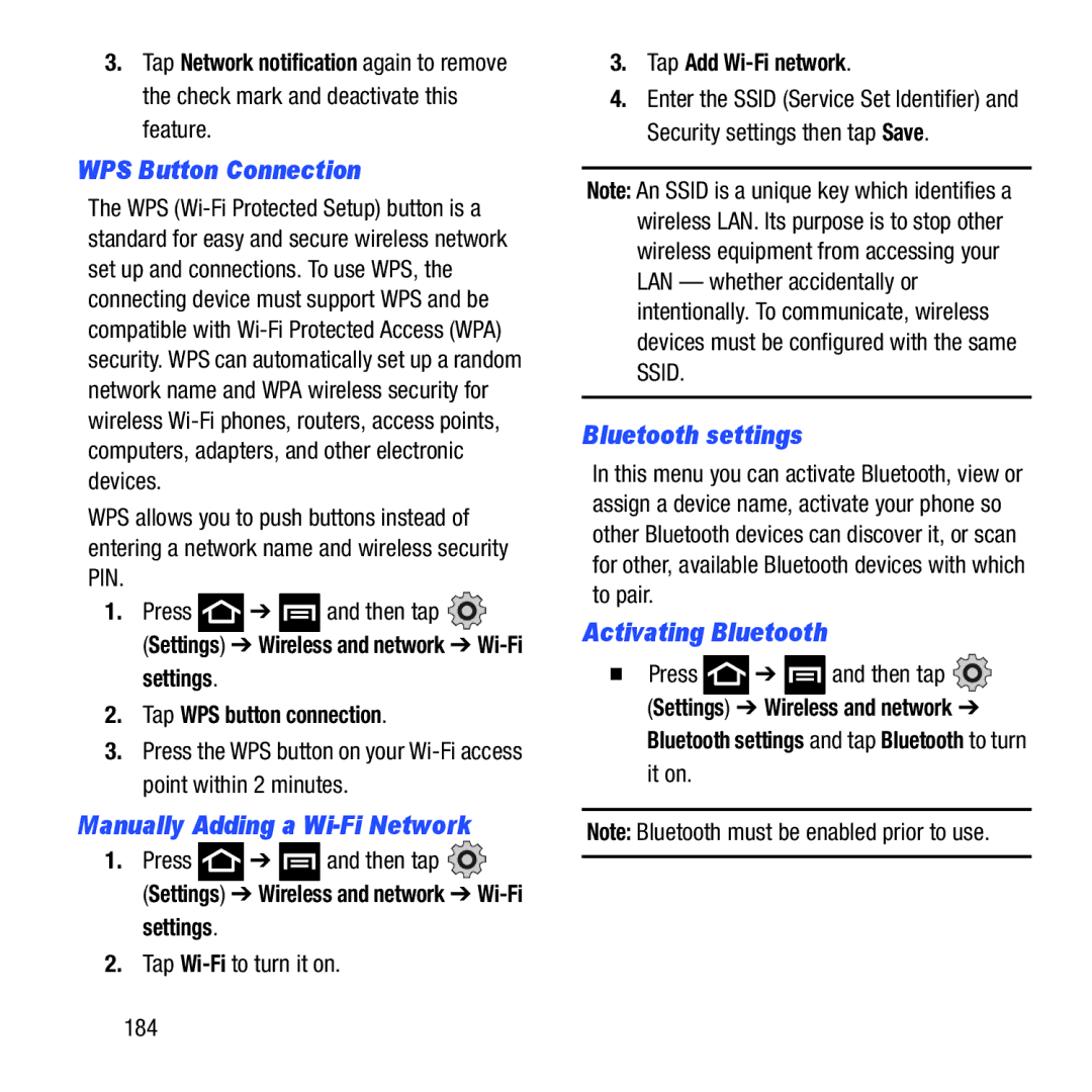 Samsung GH68-37463A user manual WPS Button Connection, Manually Adding a Wi-Fi Network, Activating Bluetooth 