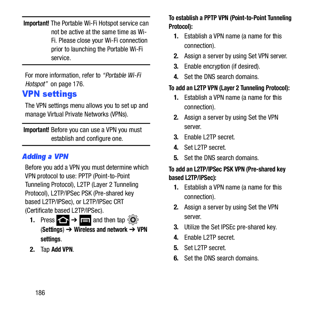 Samsung GH68-37463A user manual Adding a VPN, Settings Wireless and network VPN settings Tap Add VPN 