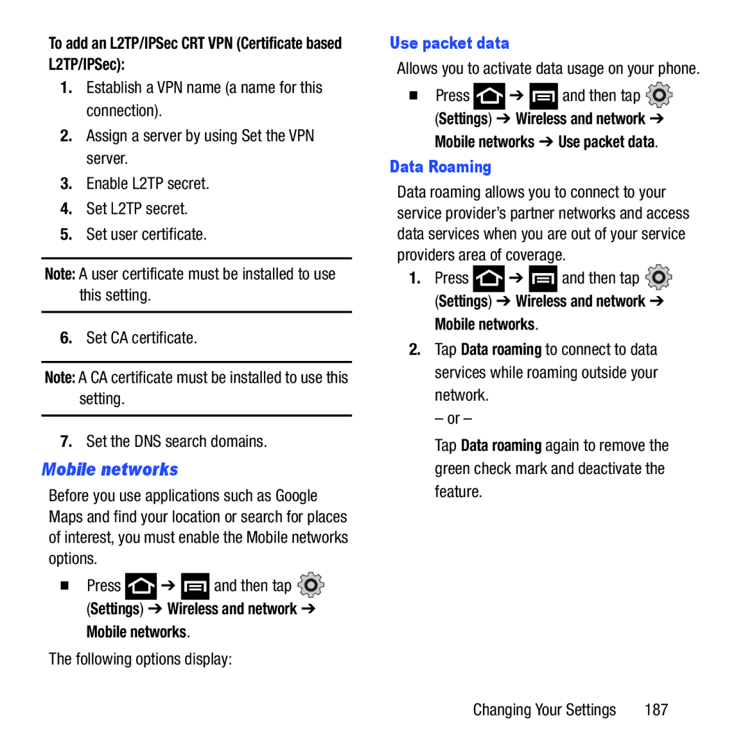 Samsung GH68-37463A user manual Mobile networks, To add an L2TP/IPSec CRT VPN Certificate based L2TP/IPSec, Use packet data 