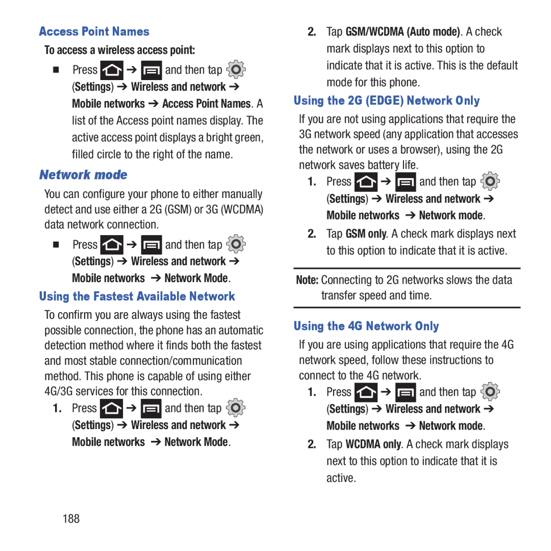 Samsung GH68-37463A Network mode, Access Point Names, Using the Fastest Available Network, Using the 2G Edge Network Only 