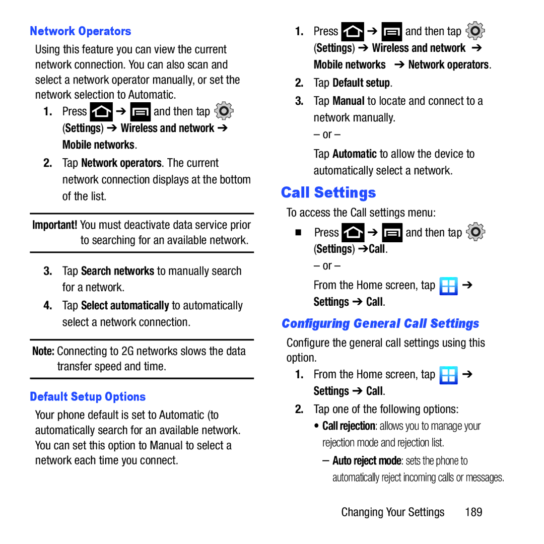 Samsung GH68-37463A user manual Configuring General Call Settings, Network Operators, Default Setup Options 