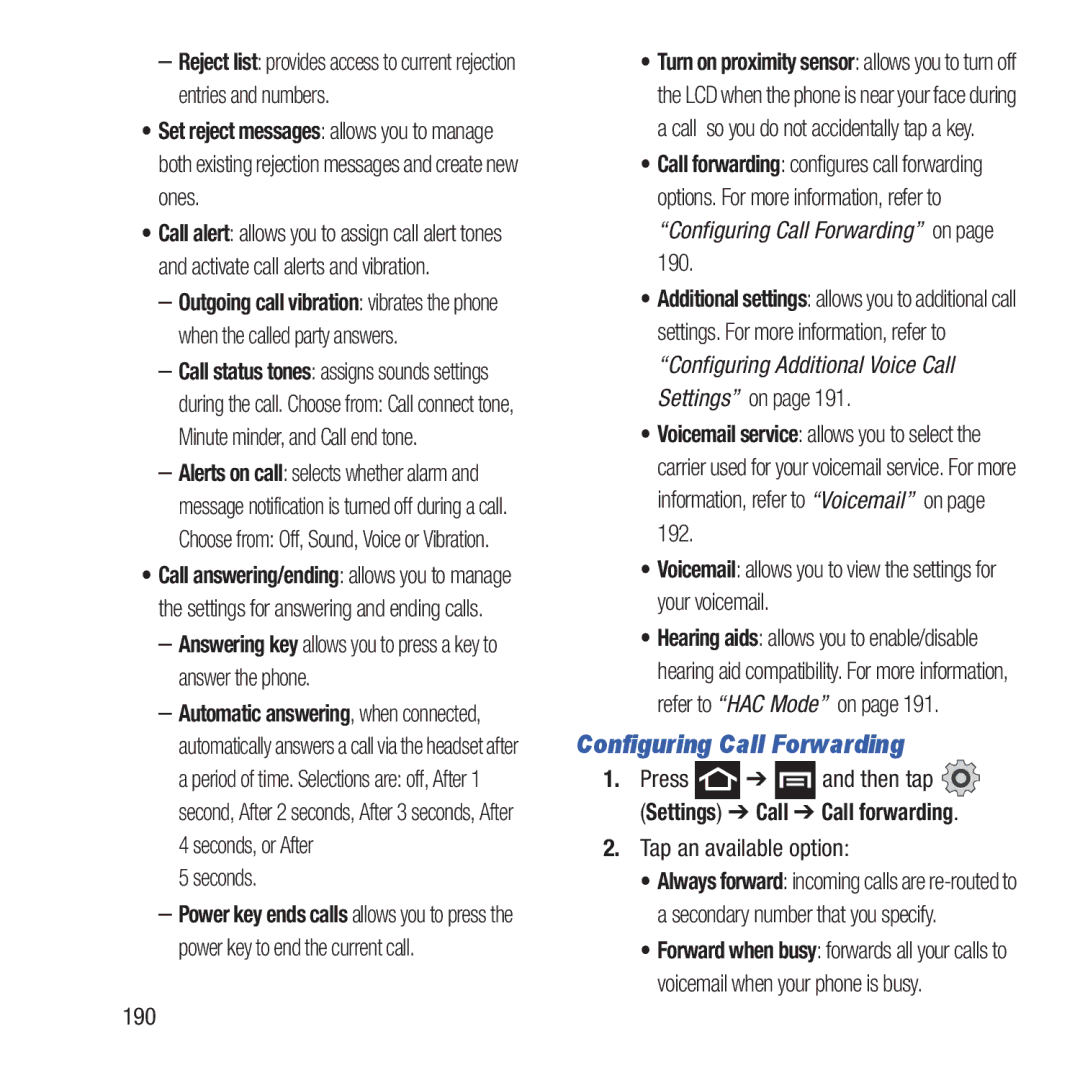 Samsung GH68-37463A user manual Configuring Call Forwarding, Seconds, 190 