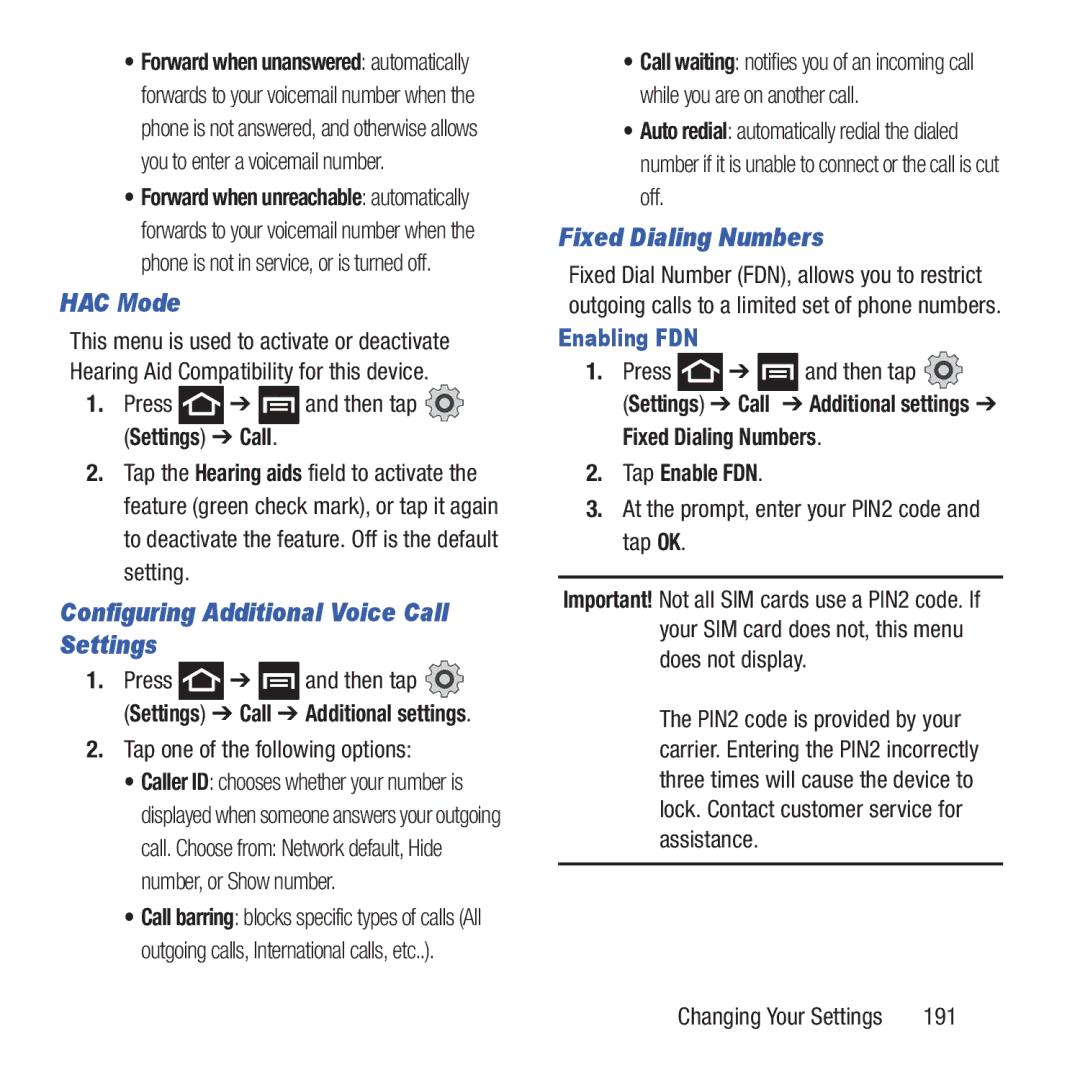 Samsung GH68-37463A user manual HAC Mode, Configuring Additional Voice Call Settings, Fixed Dialing Numbers, Enabling FDN 