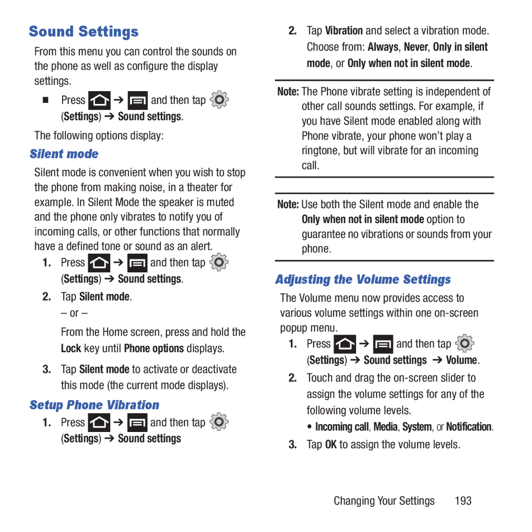 Samsung GH68-37463A user manual Sound Settings, Setup Phone Vibration, Adjusting the Volume Settings, Tap Silent mode 