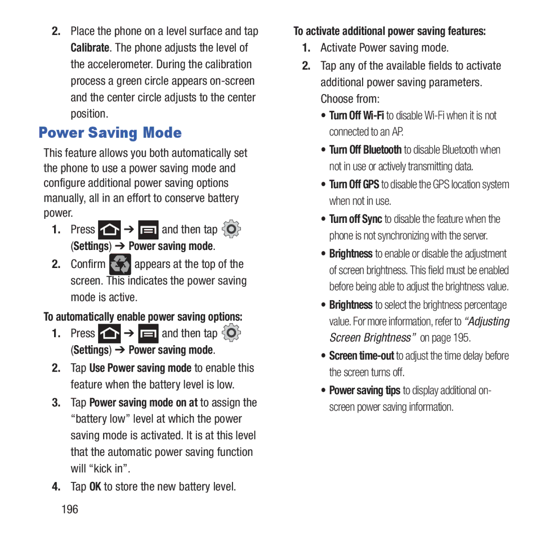 Samsung GH68-37463A user manual Power Saving Mode, Mode is active, Tap OK to store the new battery level, 196 