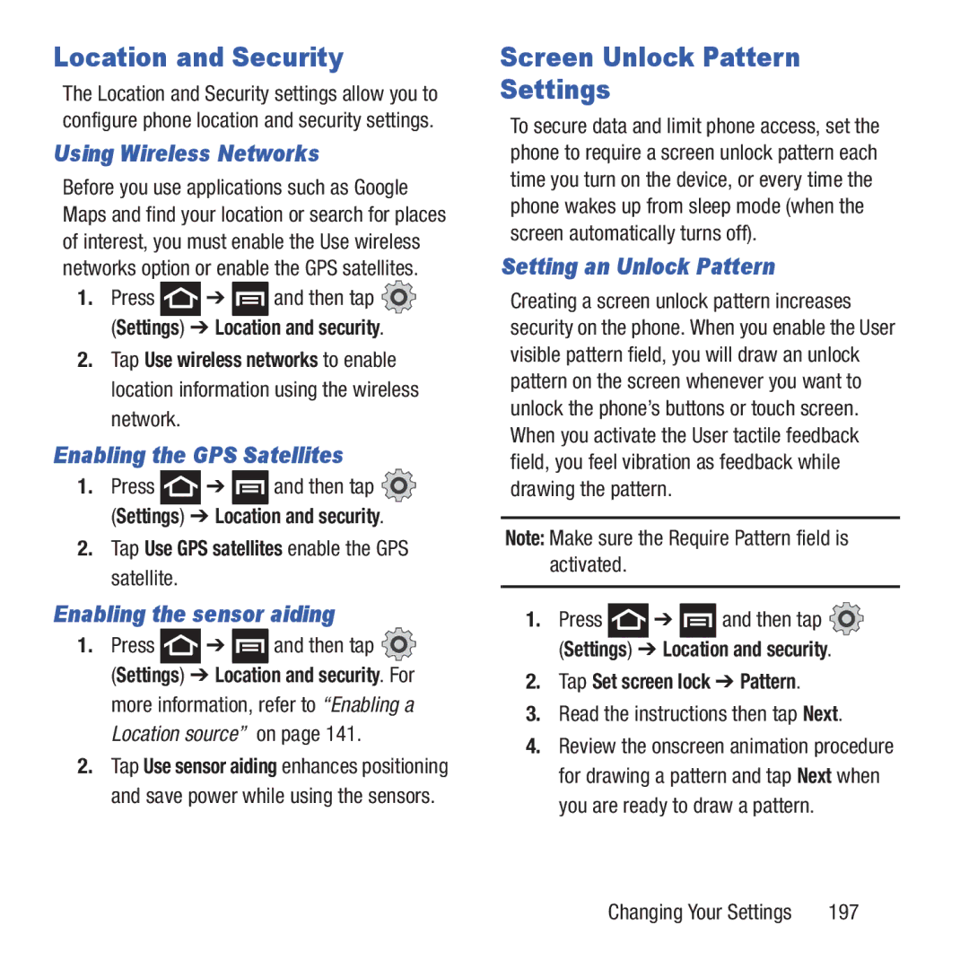 Samsung GH68-37463A user manual Location and Security, Screen Unlock Pattern Settings 