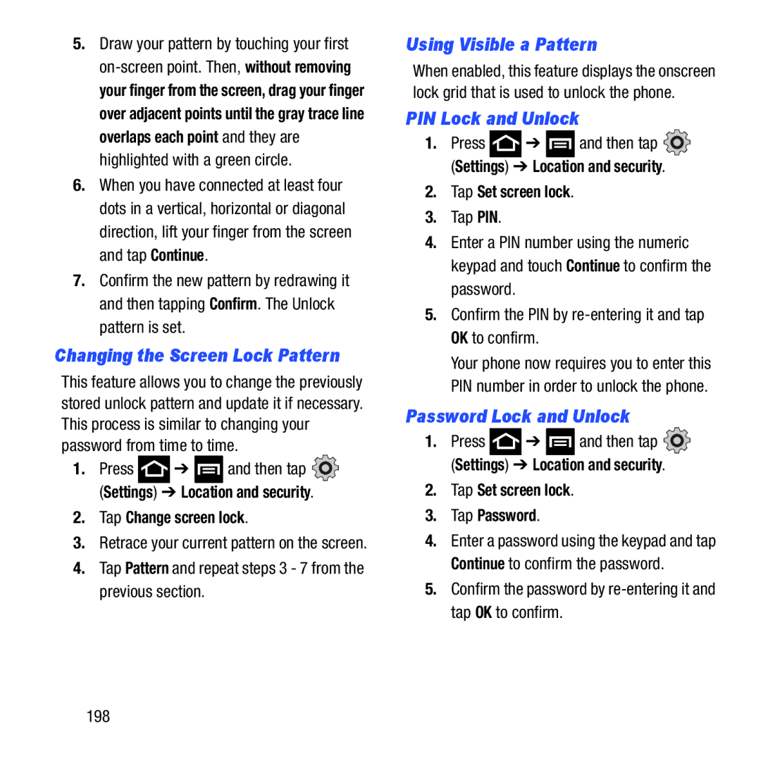 Samsung GH68-37463A user manual Using Visible a Pattern, PIN Lock and Unlock, Password Lock and Unlock 