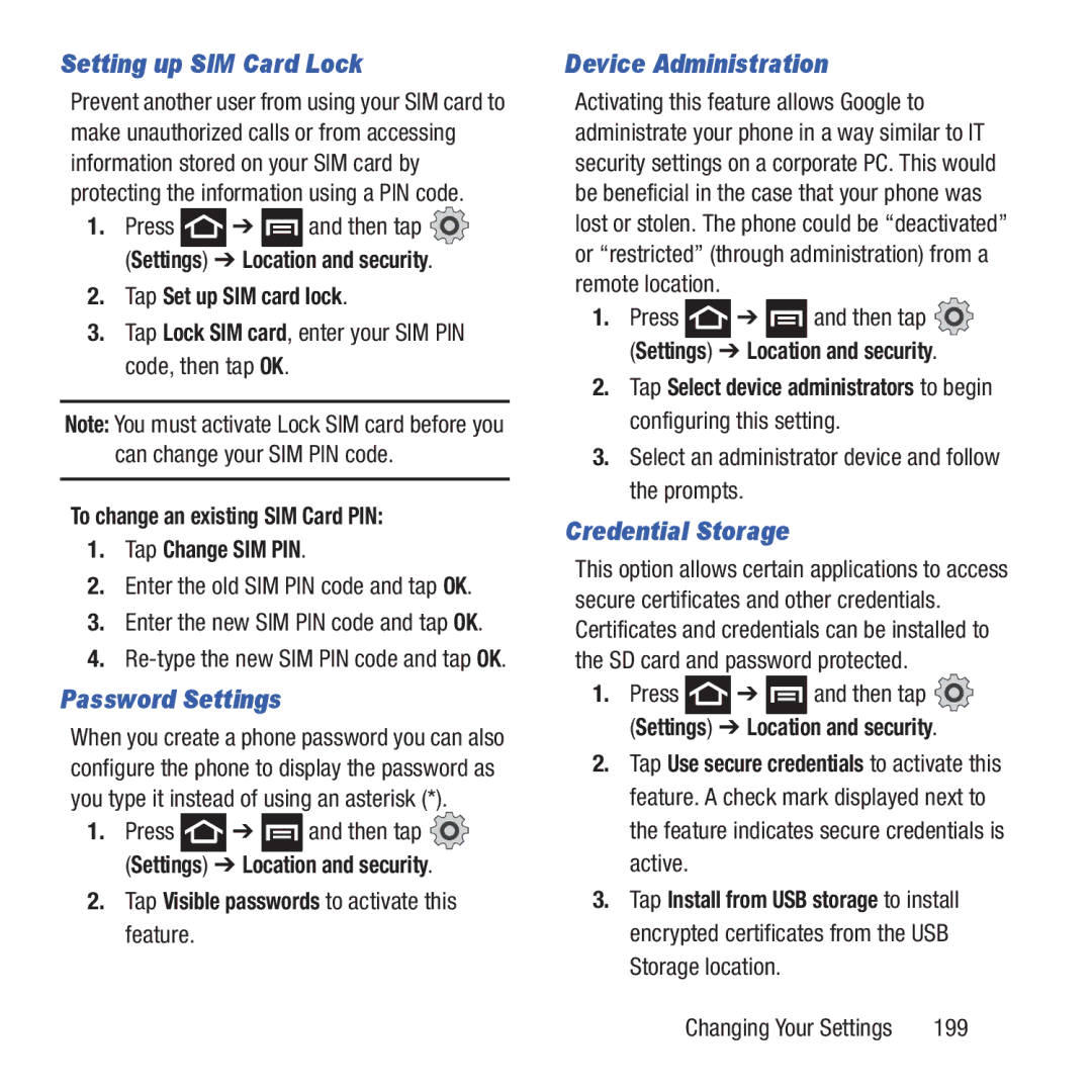 Samsung GH68-37463A user manual Setting up SIM Card Lock, Password Settings, Device Administration, Credential Storage 