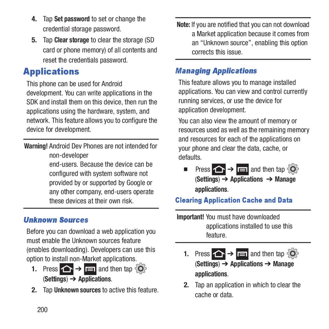 Samsung GH68-37463A user manual Managing Applications, Tap an application in which to clear the cache or data 200 