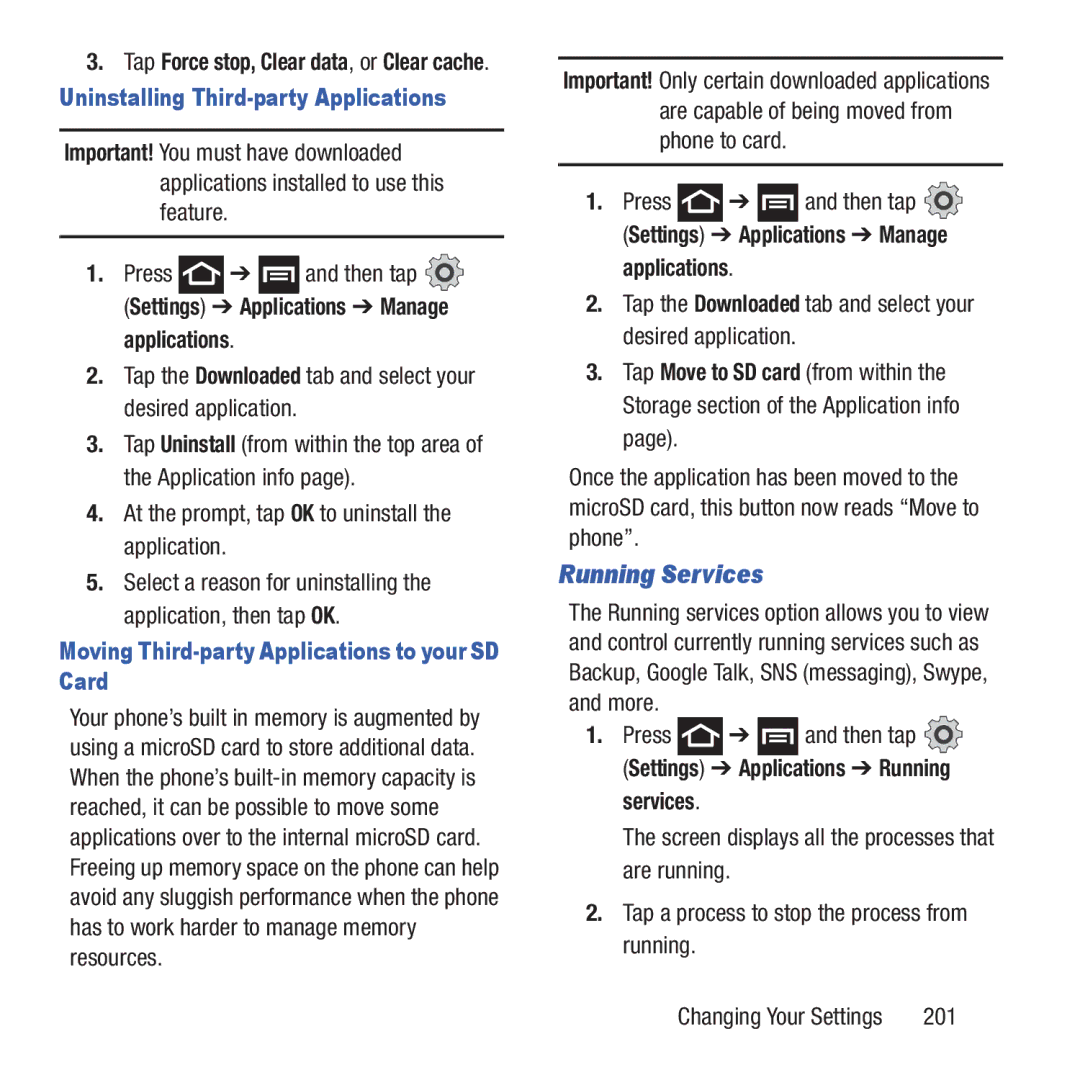 Samsung GH68-37463A user manual Running Services, Moving Third-party Applications to your SD Card 