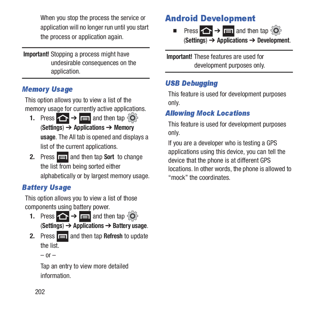 Samsung GH68-37463A user manual Android Development, Memory Usage, Battery Usage, USB Debugging, Allowing Mock Locations 